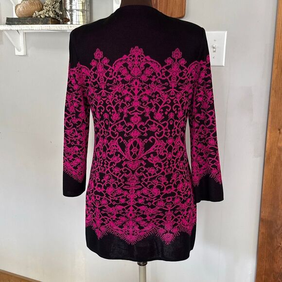 Misook jacquard knit open cardigan sweater womens size small black pink lace pat - Picture 5 of 9